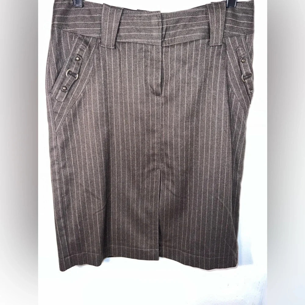 MEXX, 8, Brown pinstripe midi pencil skirt, slanted buckle‎ accent front pockets